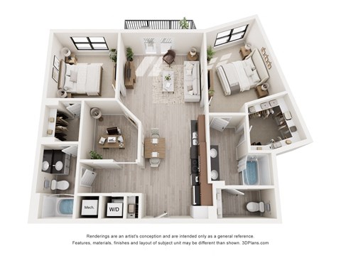 Floor plan for 2 beds, 2 baths, 1198 sqft